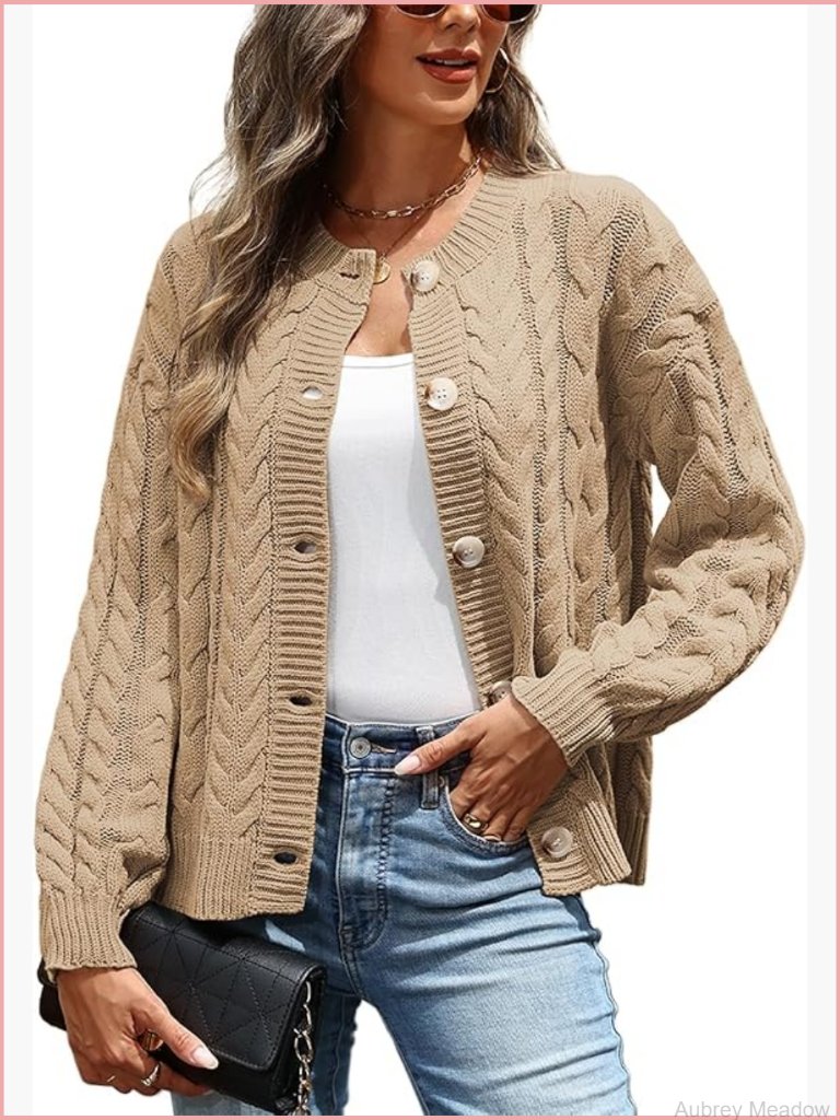 Casual Cable Knit Cardigan Sweater Long Sleeve Open Front Button Down Jacket